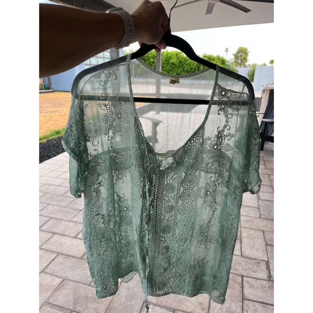 Boho Sage Green Sheer Eyelet Lace Embroidered Tie Front Blouse Floral Cutwork